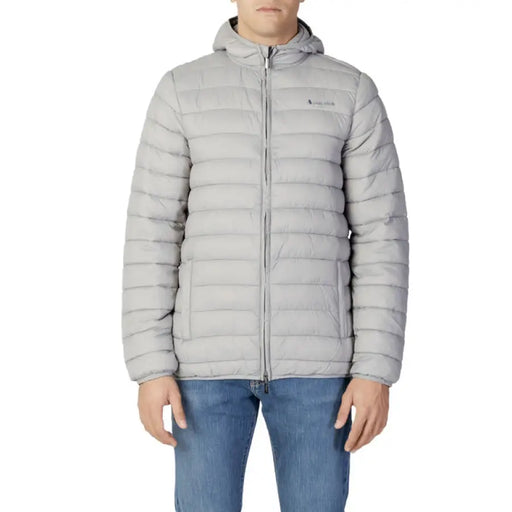 Light gray puffy winter jacket with hood and zipper from Aquascutum for men