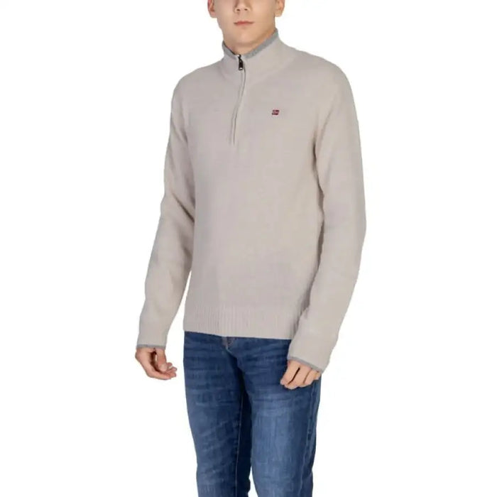 Light gray quarter-zip pullover sweater with logo emblem from Napapijri men knitwear