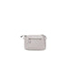 Light gray suede crossbody handbag with silver hardware and zipper details by Guess