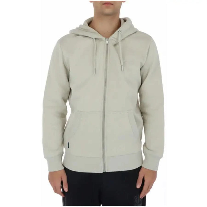 Light gray Superdry zip-up hoodie with drawstring hood and front pockets for men