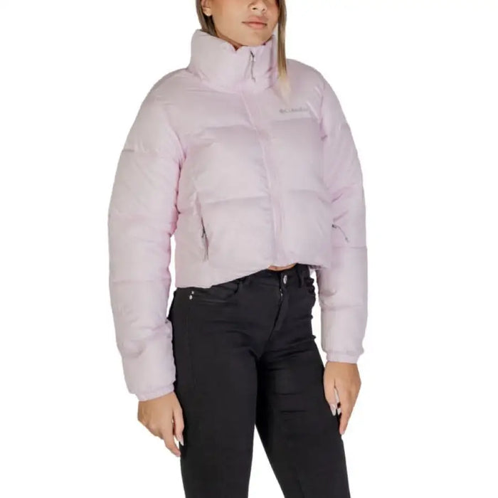 Light pink cropped puffer jacket with high collar and zip closure by Columbia Women