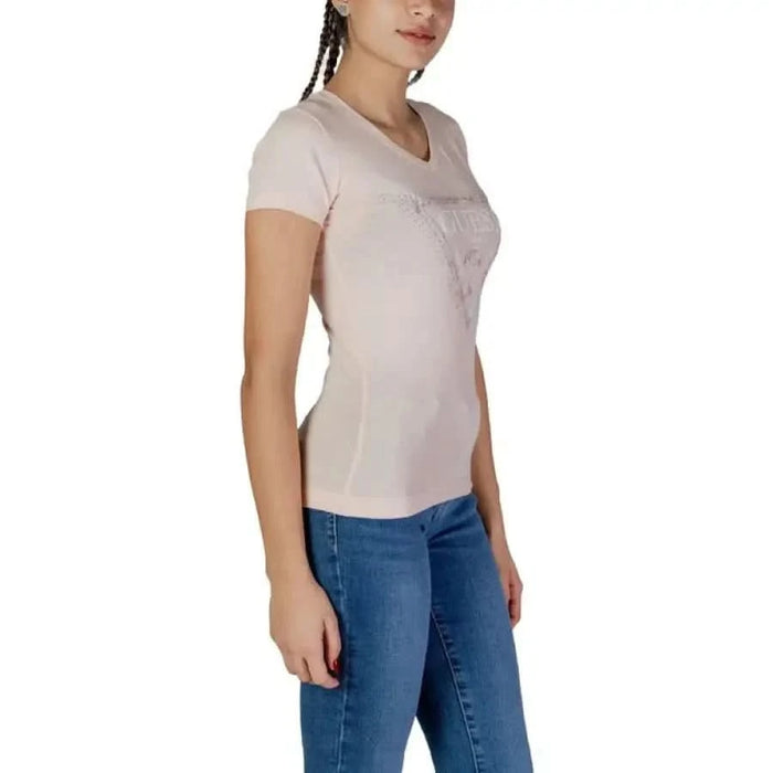 Light pink fitted short sleeve t-shirt from Guess for women, stylish and comfortable