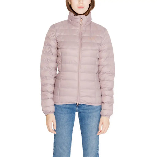 Light pink quilted puffer jacket with high collar and full-length zipper by Ea7