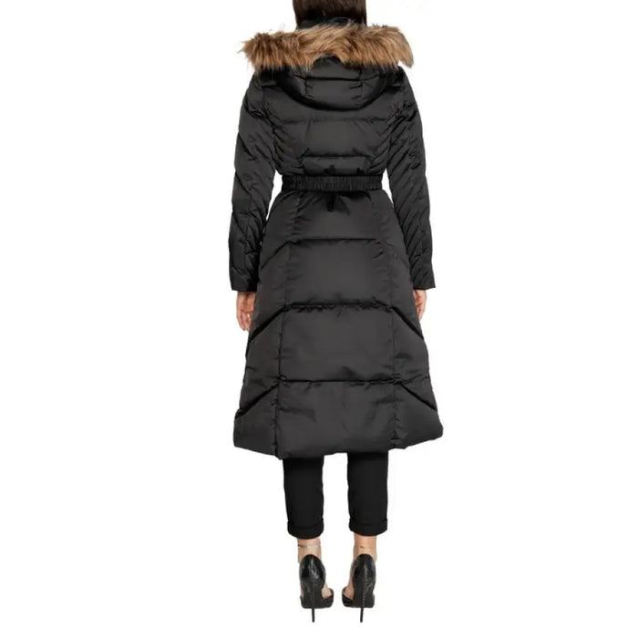 Long black winter coat with fur-trimmed hood and belted waist by Guess Women Jacket