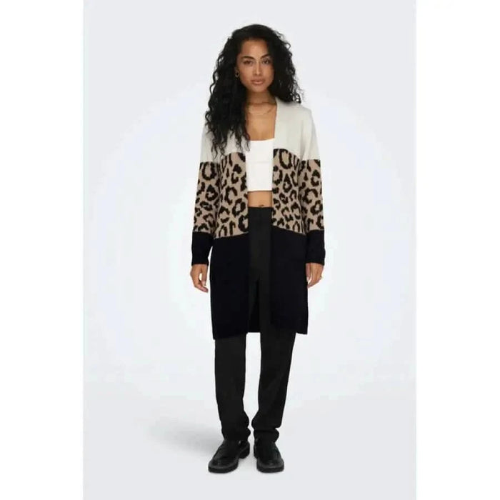 Long cardigan in cream, leopard print, and black color-blocked design by Only