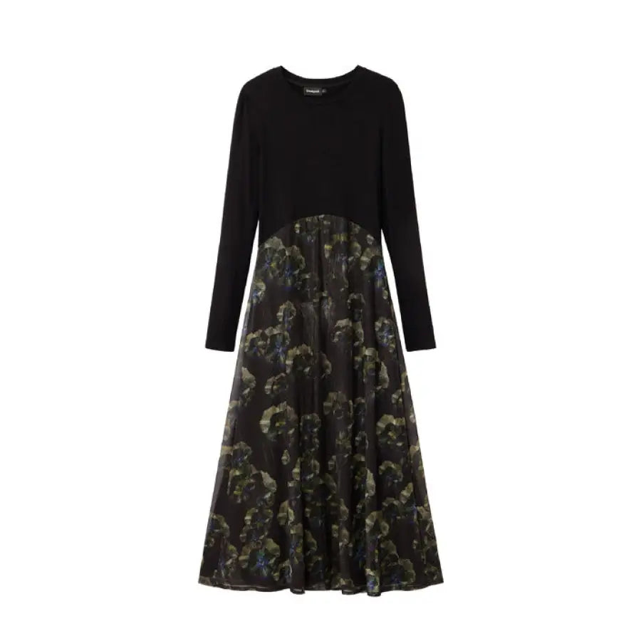 Desigual Women Dress: Long-sleeved black dress with a floral patterned skirt