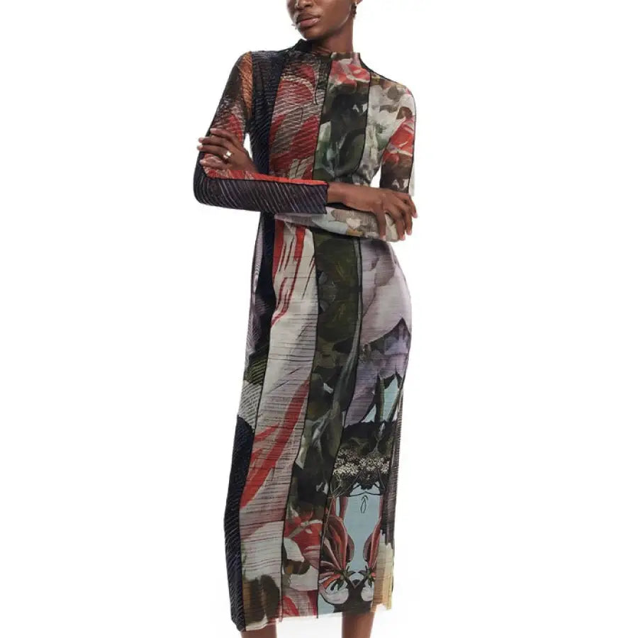 Desigual Women’s Dress: Long-sleeved, high-necked with vibrant, colorful abstract print