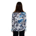 Long-sleeved Guess Women Blouse with blue and black abstract pattern on white background