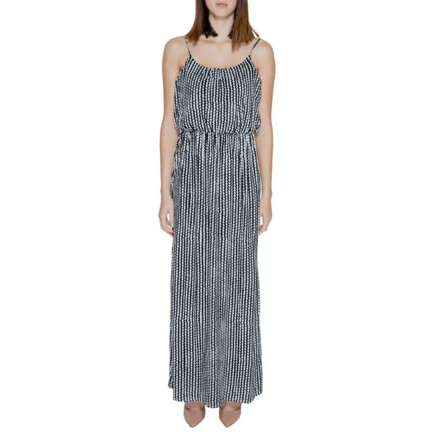 Only Women Dress: Striped black and white sleeveless maxi with spaghetti straps