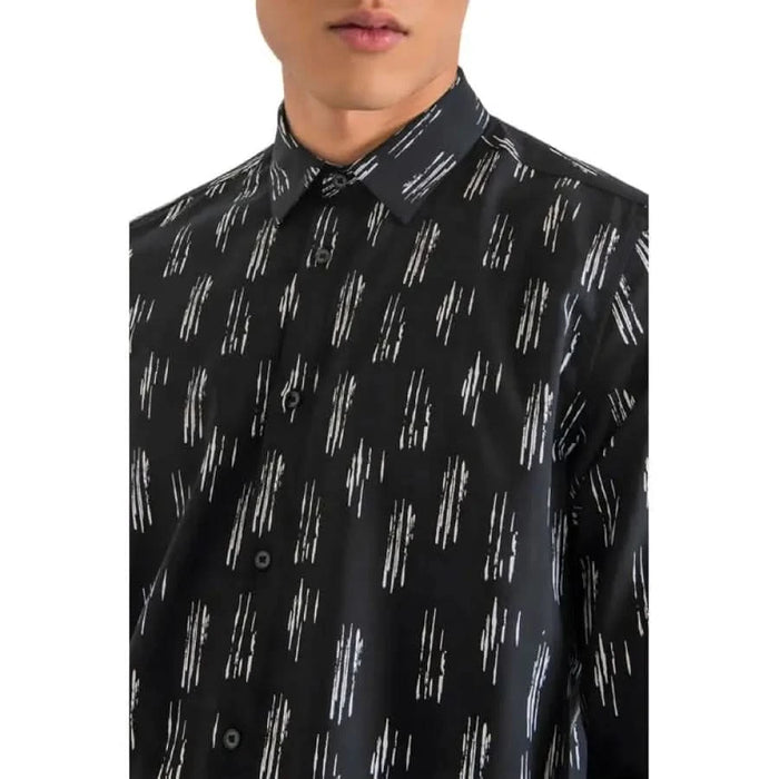 Antony Morato men’s shirt featuring black with white lines on model