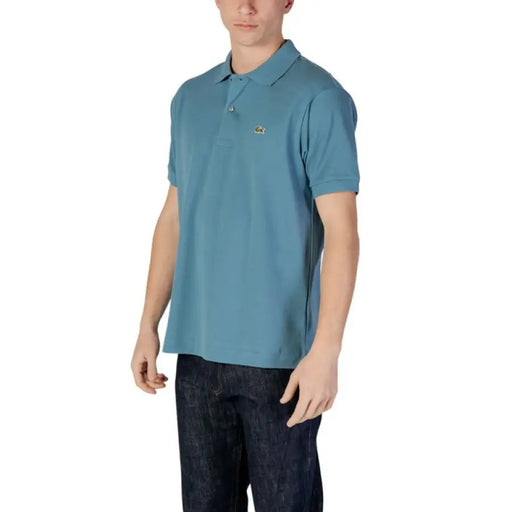 Man wearing Lacoste Men Light Blue Polo Shirt in stylish casual attire