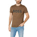 Man in brown Boss T-shirt, spring summer product showcase.