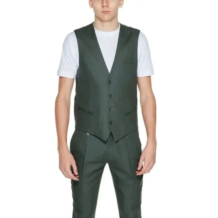 A man in a green suit and white t-shirt modeling Antony Morato Men Gilet