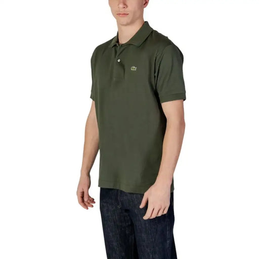 Man wearing a Lacoste Men’s Dark Green Polo Shirt in olive green color