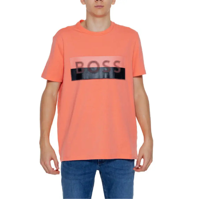 Man in urban style ’Boss Men T-Shirt’ - Orange shirt with ’boss’ text