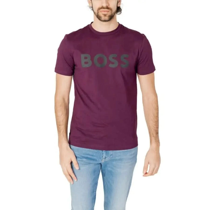 Man in ’Boss’ purple t-shirt, spring summer product