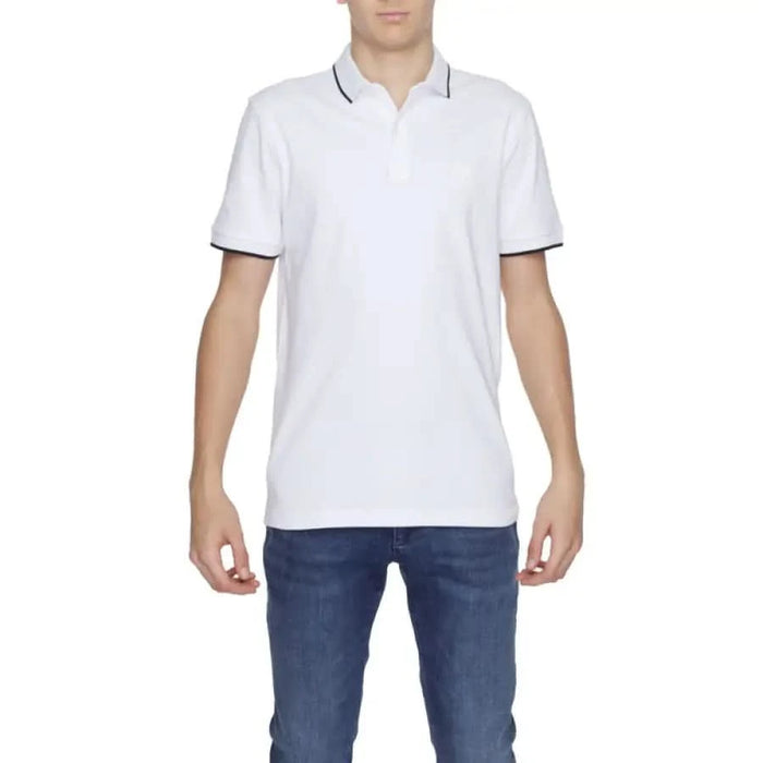 Man in white Boss Polo showcasing urban city style clothing