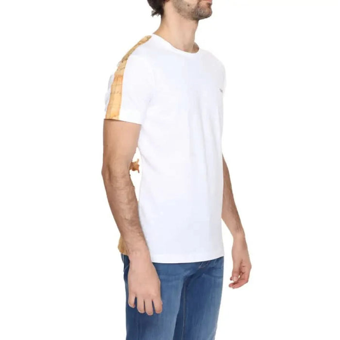 Alviero Martini Prima Classe Men’s T-Shirt - White with Yellow and Orange Chest Print