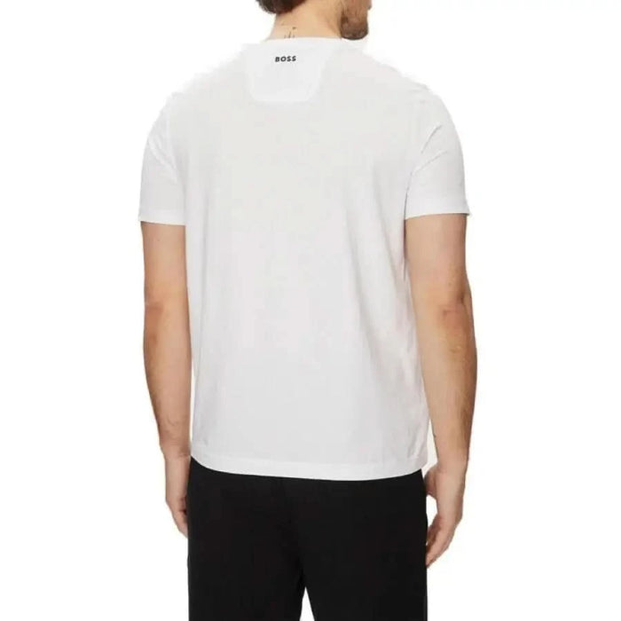 Urban style Boss Men T-Shirt: A man in white tee with black chest logo