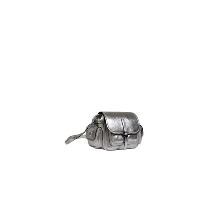 Metallic silver leather handbag with flap closure and shoulder strap by Coccinelle