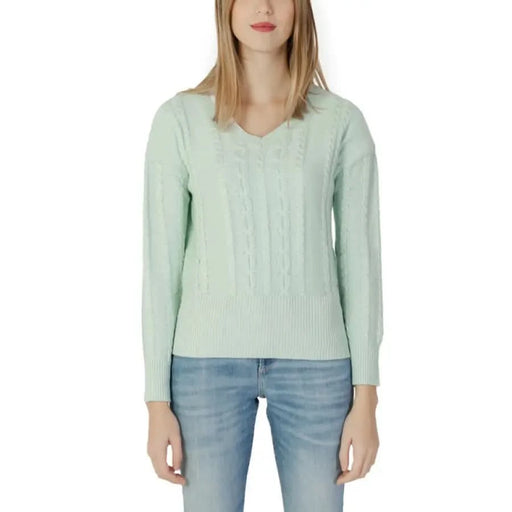 Mint green cable-knit V-neck sweater from Guess Women’s Knitwear collection