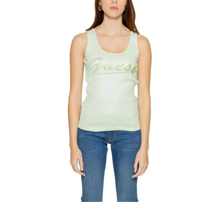 Mint green Guess tank top with logo on the chest, featured in Guess Women Undershirt collection