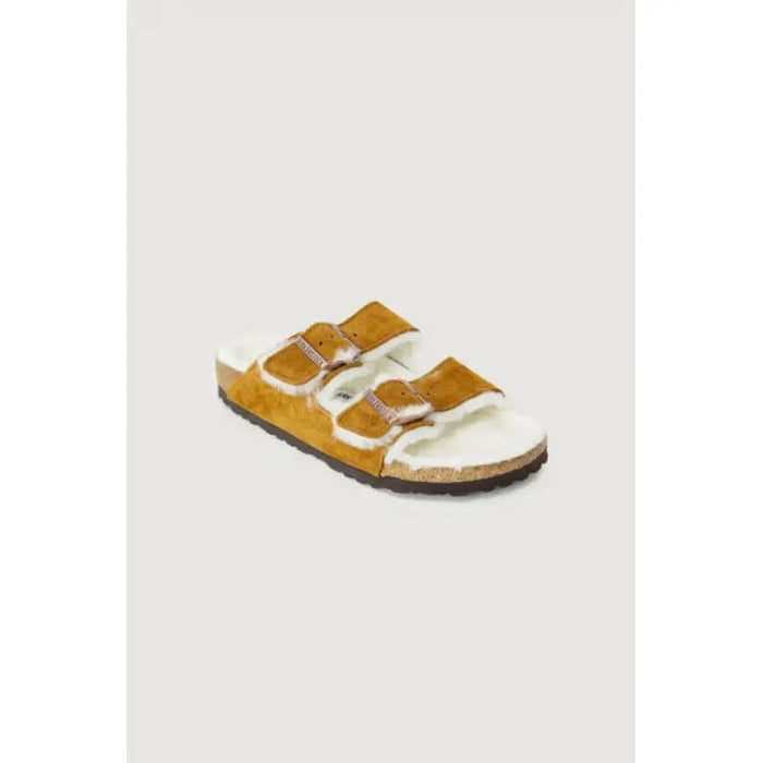 Mustard yellow suede sandal with two buckle straps and fuzzy white lining - Birkenstock