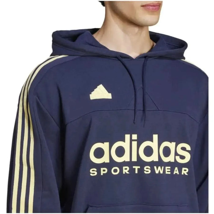 Navy blue Adidas hoodie featuring a yellow logo and stripes from Adidas Men Sweatshirts