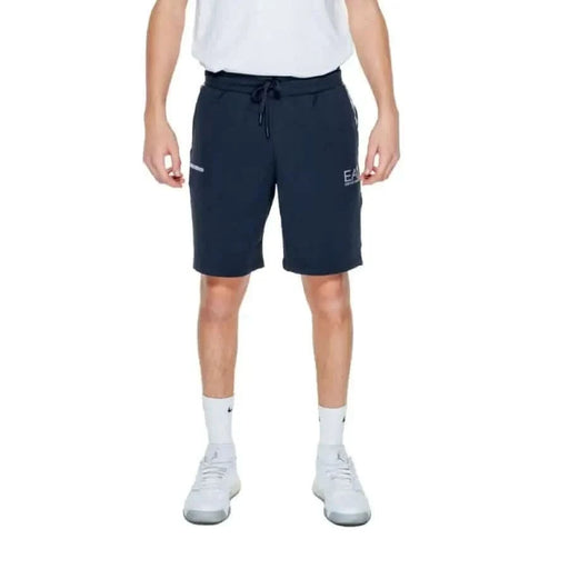 Navy blue athletic shorts with drawstring waist and EA7 logo in Ea7 Men Shorts collection