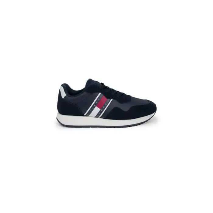 Navy blue Tommy Hilfiger men’s sneakers with gray and red side stripes