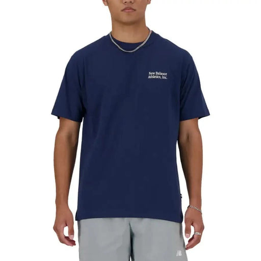 Navy Blue New Balance Men T-Shirt with Short Sleeves and Small Logo on Chest