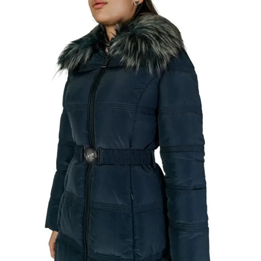 Navy blue belted puffer coat with faux fur trim by Guess for women