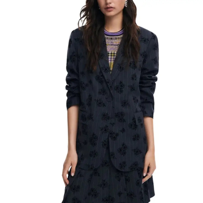 Navy blue Desigual women blazer featuring a subtle floral pattern print