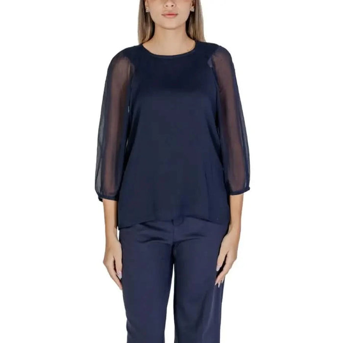 Navy blue blouse with sheer balloon sleeves by Street One for women’s fashion