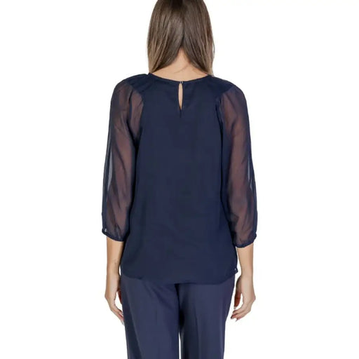 Navy blue blouse with sheer sleeves and keyhole back, Street One Women Blouse