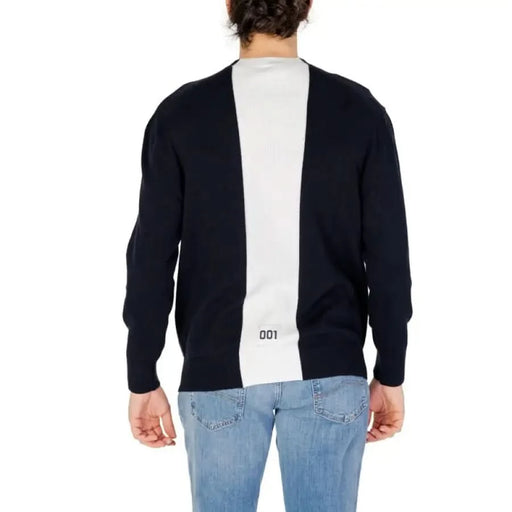 Navy blue cardigan sweater with white stripe down back from Armani Exchange Men Knitwear