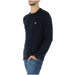 Navy blue crew neck sweater featuring yellow logo emblem for Lyle & Scott Men Knitwear