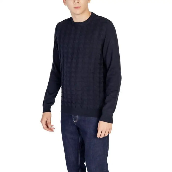 Navy blue crewneck sweater with textured pattern from Antony Morato Men Knitwear