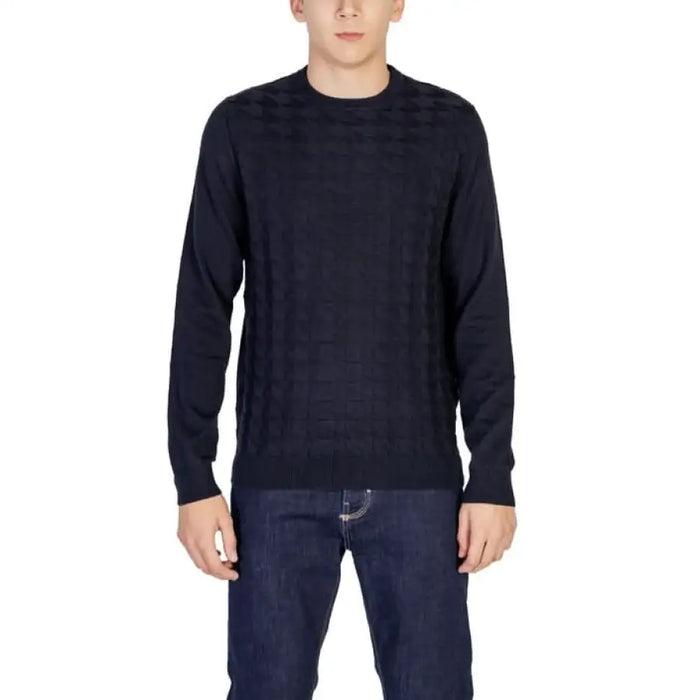 Navy blue crewneck sweater with long sleeves by Antony Morato for men’s knitwear