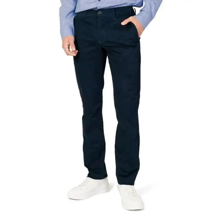 Armani Exchange Men Trousers Navy blue dress pants with white sneakers and light blue shirt sleeve