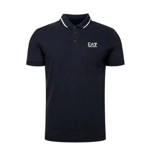 Navy blue EA7 polo shirt featuring white trim on the collar for men