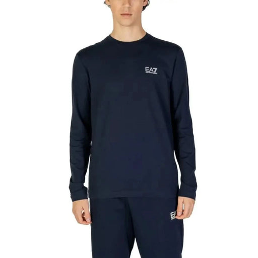 Navy blue EA7 long-sleeve crewneck sweatshirt with logo on chest for men