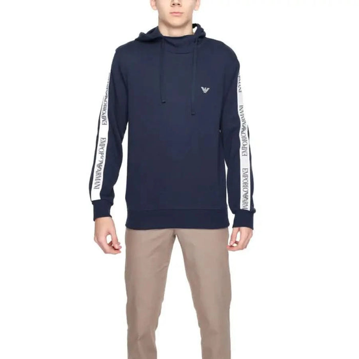 Navy Blue Emporio Armani Hoodie with White Side Stripes and Logo in Men Sweatshirts Collection