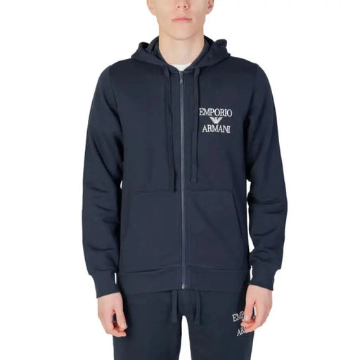 Navy blue Emporio Armani zip-up hoodie with white logo branding on chest