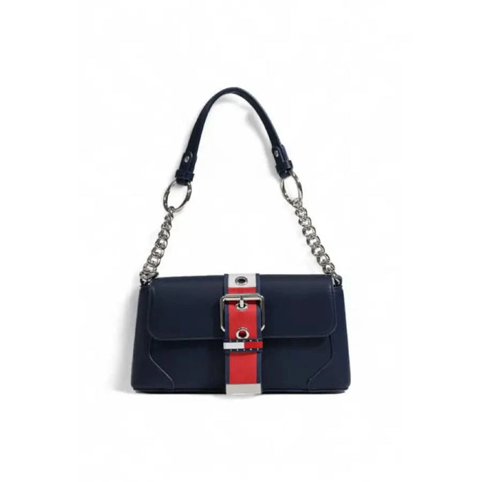 Navy blue Tommy Hilfiger handbag with red and white striped buckle and chain strap