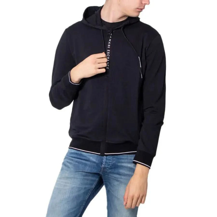 Armani Exchange Men Sweatshirts Navy Blue Hooded Zipper Sweatshirt with Contrasting Trim