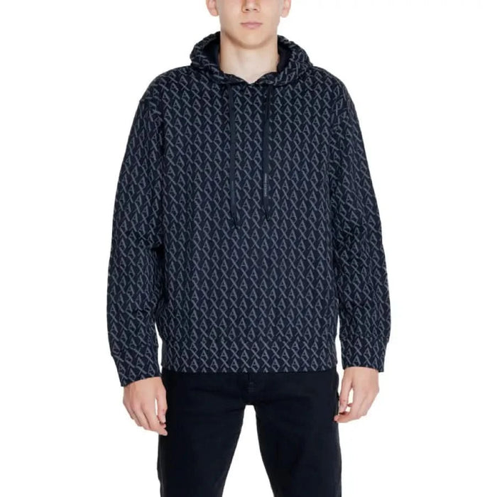 Armani Exchange Men Sweatshirts Navy blue hooded sweatshirt with geometric pattern