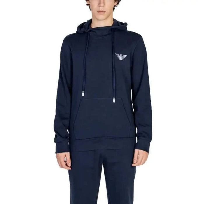 Navy blue hooded sweatshirt with Emporio Armani logo for men’s casual wear