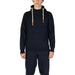 Navy blue hooded sweatshirt with rope drawstrings and leather accents for Hydra Clothing