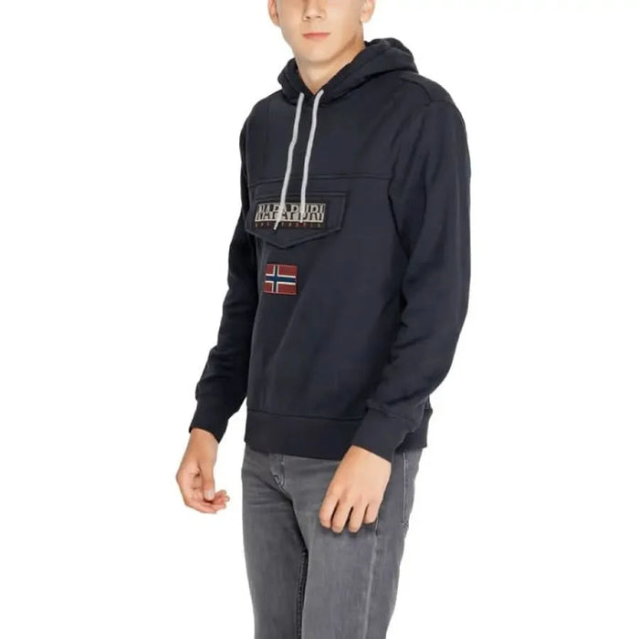 Navy blue hooded sweatshirt with Napapijri branding and Norwegian flag patch